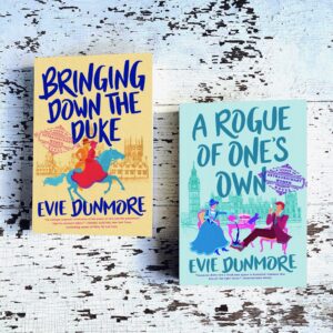 Reviews include Bringing Down the Duke and A Rogue of One's Own by Evie Dunmore. Both books have engaging cover designs featuring colorful drawings of the ladies and dukes