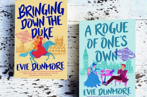 Reviews include Bringing Down the Duke and A Rogue of One's Own by Evie Dunmore. Both books have engaging cover designs featuring colorful drawings of the ladies and dukes