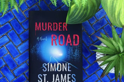 Murder Road is a supernatural mystery by Simone St James showing a dark road with a car driving towards the viewer with bright headlights
