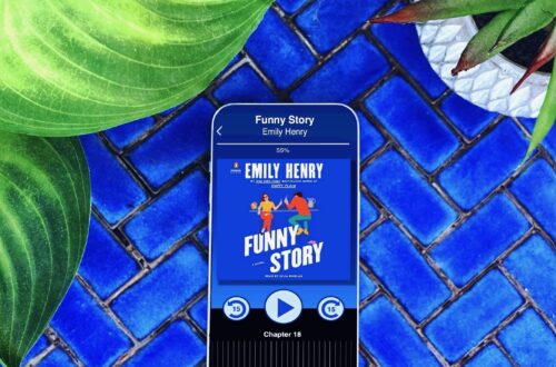 Funny Story is a book by Emily Henry; the audiobook is narrated by Julia Whelan. The cover is bold blue with two figures on it.